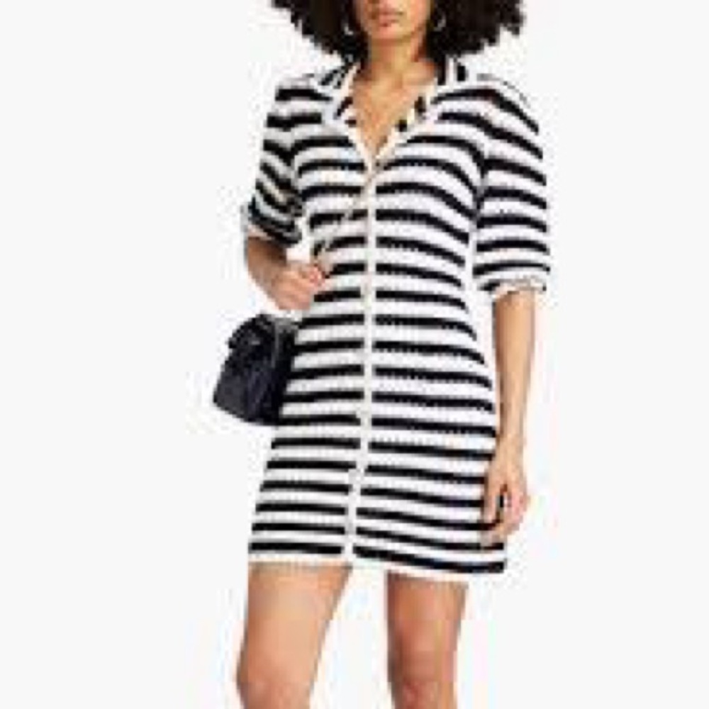 Maje Rosette Striped Mini Crochet Dress in Navy and White